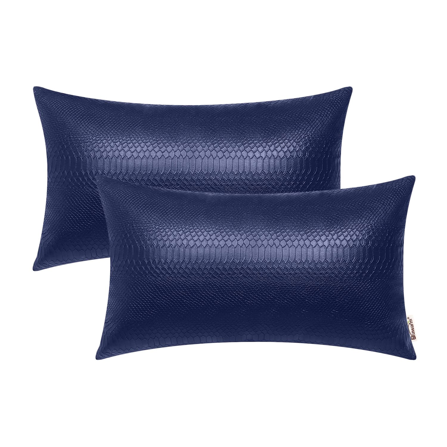 BRAWARM Navy Blue Leather Throw Pillows 12 X 20 Inches, Snake Leather Pillow Covers Pack of 2, Faux Leather Decorative Lumbar Pi